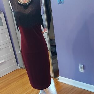 Point Zero Black and Burgundy Fringe Midi Dress